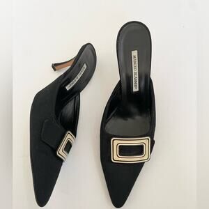 Manolo Blahnik Vintage Black Canvas White buckle pointed toe mules EU 41.5